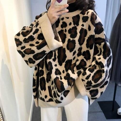 Korea Fashion Elegant Leopard Oversized Pullover Women 4XL Winter O-Neck Loose Sweaters Plus Size Streetwear Warm Outerwear 2021