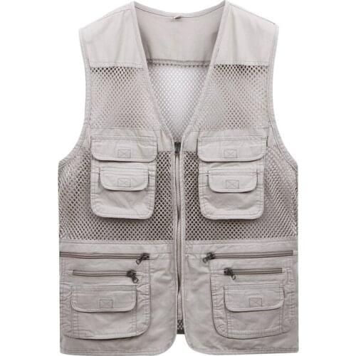 Summer Fall Casual Mens Mesh Sleeveless Beige Vest , Loose 3XL 4XL pockets Men Male Patchwork Photographer Cotton vests Coat
