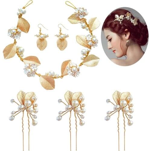 5PCS Golden Leave Bridal Hair Pin Headband Drop Earrings Tiara Imitation Pearl Bride Suit Sweet Elegant Jewelry Wedding Set