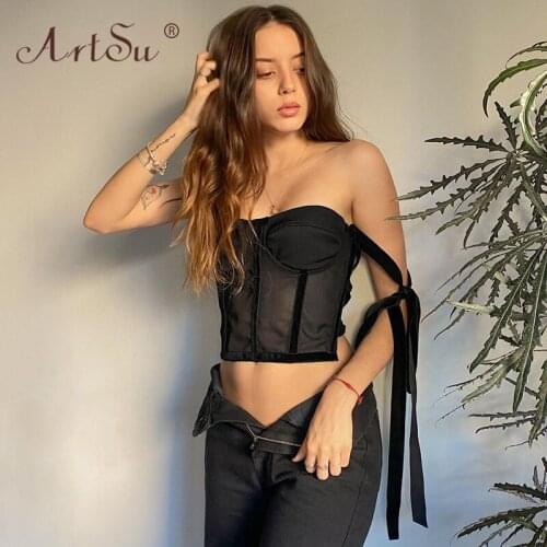 ArtSu Lace Up Bow Velvet Spaghetti Straps Black Tops Women Summer 2021 Sexy Bandage Mesh Crop Top Club Party Corset Top