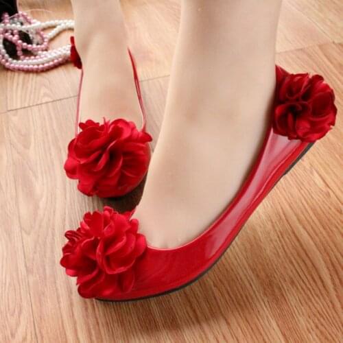 Red flower party flats shoes woman handmade sweet beautiful NQ263 ladies girls party dinner proms red flats ballets dancing shoe