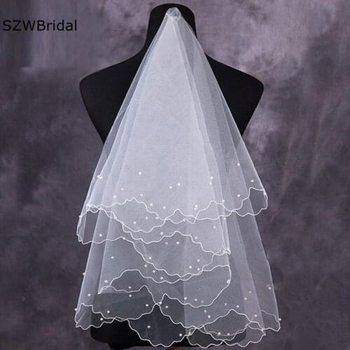 Free Shipping Cheap Bridal Veils Pearls Beaded White Ivory Wedding Veil Wesele Veu de noiva sposa Bride accessories wedding