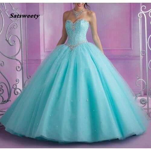 Turquoise Puffy 2020 Cheap Quinceanera Dresses Ball Gown vestido 15 anos Sweetheart Tulle Beaded Crystals Party Sweet 16 Dresses