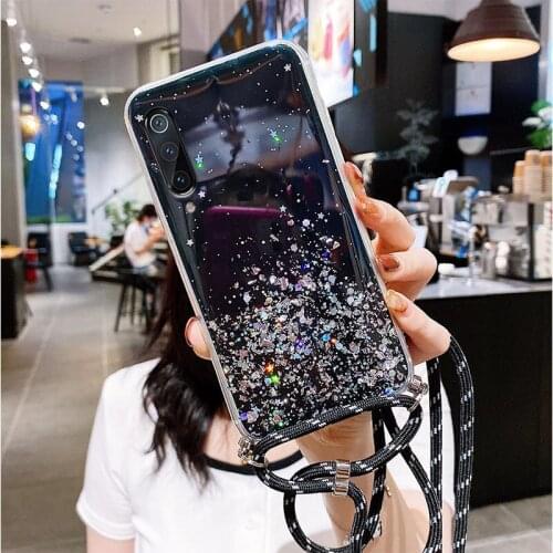 Bling Glitter Stars Sequins Cord Chain Necklace Lanyard Case For Xiaomi 9 10 Lite 11 9SE 9T 10T Note10 Mi Poco X2 F2 Pro X3 NFC