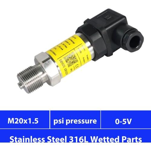 Pressure transmitter, signal 0 5v, range 200, 250, 300psi, 1000, 6000 psi, 12v, 24v, 30V dc supply, M20x1.5, aisi 316L diaphragm