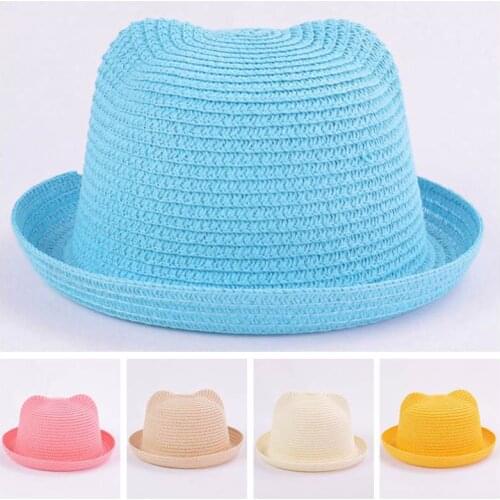Summer Baby Straw Hat Kids Cat Ear Decoration Cute Beach Cap Girls Boys Solid Sun Hat baby muts