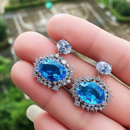 Huitan Big Oval Sky Blue Cubic Zirconia Shaped Dangle Earrings Women Wedding Accessories Anniversary Gift Female Fashion Jewelry