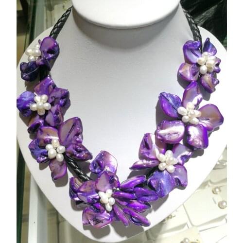 7 Purple Flowers Classic Jewelry white natural pearl handmade shell pendant Women necklace 45cm 18