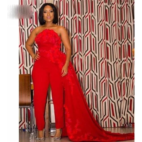 Red 2021 Jumpsuit Prom Dresses With Detachable Train Strapless Neck Satin Outfit Evening Party Gowns Floor Length Trouse