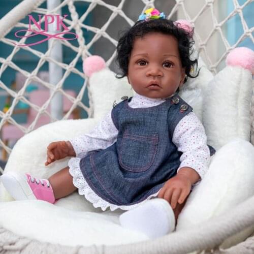NPK 60CM Huge Toddler Gril Bebe Doll Reborn Baby Handmade Black Skin African American Baby Handrooted Hair Collectible