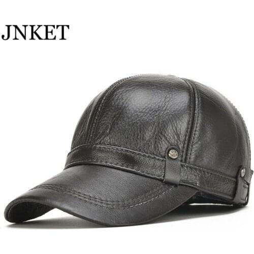 JNKET Fashion Mens Cowhide Baseball Cap Winter Fleece Lining Earflaps Cap Waterproof Windproof Sports Cap Gorras Casquette