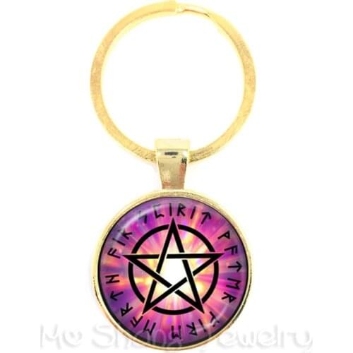 Trendy Pentacle Keychain Glass Cabochon Wicca Pagan Gothic Pentagram Fashion Jewelry Keep Talisman And Treatment Of Injury