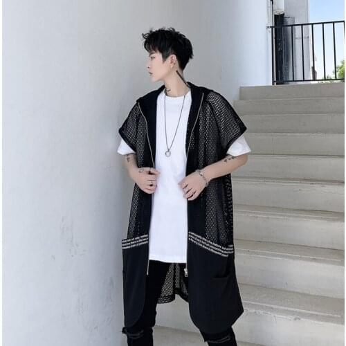 Mens summer grid hooded short-sleeved jacket Hip hop street fashion trend urban youth plus size coat
