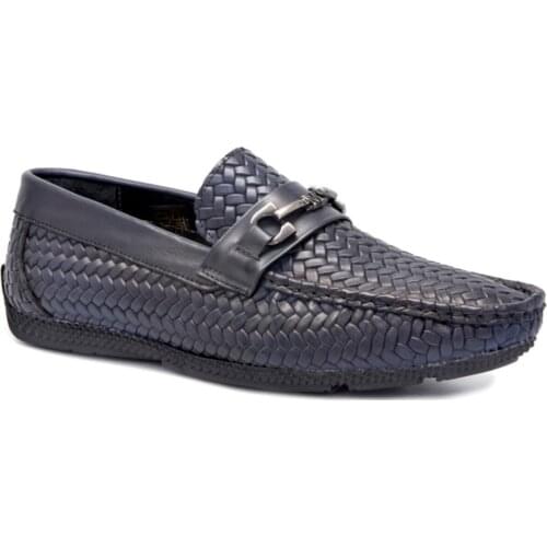 Male Navy Blue Genuine Leather Step-in Daily Casual Shoes MRC11282LACİ