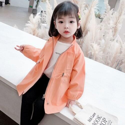 2021 Spring Autumn Girls New Style Solid Color Stand-Up Collar Casual Fashion Long Coat Windbreaker