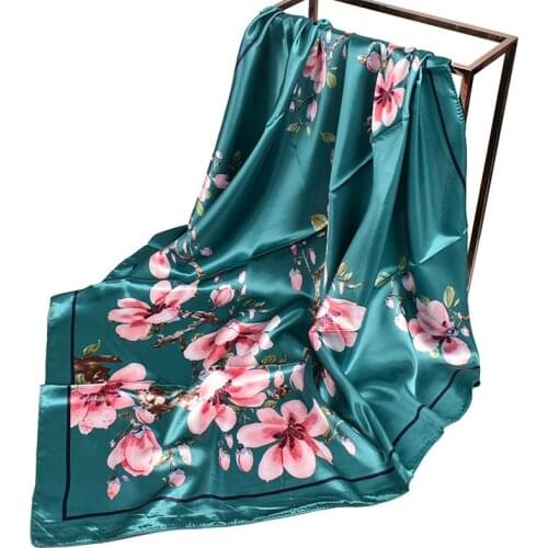 Square Silk Scarf Women 90*90cm Satin Hijab Head Scarves Floral Print Bandana Shawls and Wraps Ladies Neckerchief Beach Pareo