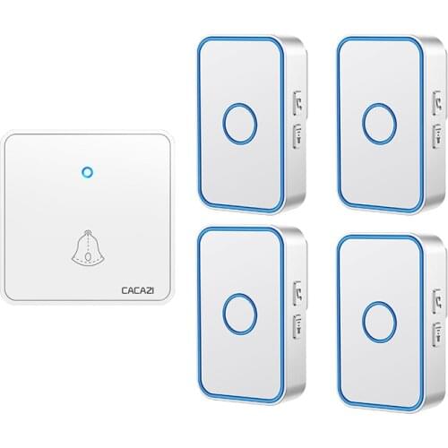 CACAZI Smart Wireless Doorbell Waterproof 60 Chimes CR2032 Battery Home Flash Door Ring Bell US EU UK Plug 1 Button 4 Receiver