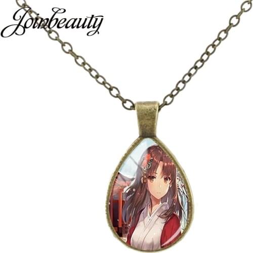 JOINBEAUTY Japanese Anime Kimono Girl Tear Drop Necklace Glass Cabochon Dome Pendant Jewelry Handmade Girls Birthday Gifts GR60