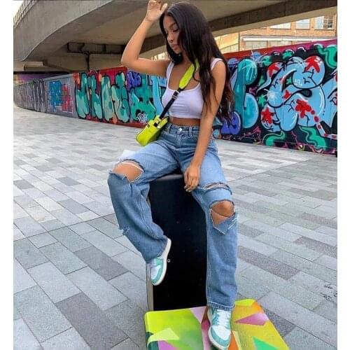 Womens Casual Korean Wide Leg Jeans Fashion Solid Color High-Waist Irregular Ripped Denim Pants With Pocket Comfortable S M L