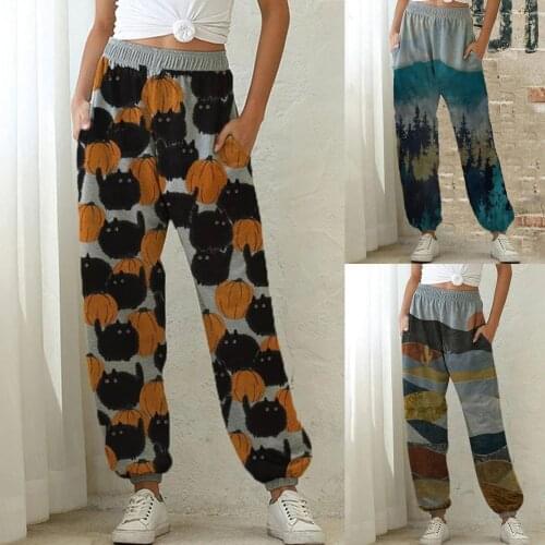 Women Casual High Waist Landscape Print Loose Pants Sports Trousers with Pockets