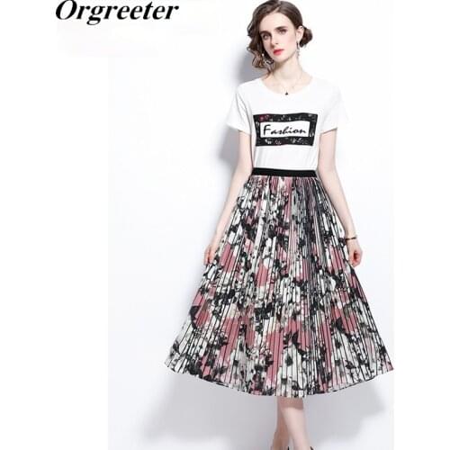 2021 Summer New Embroidered Letter Cotton Tshirt + Elastic Waist Floral Printed Maxi Pleated Skirt 2 Pieces Set Women