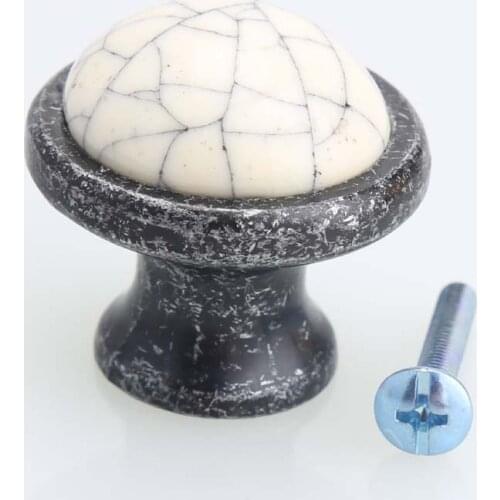 Crack White Ceramic Kitchen Cabinet Knob Drawer Knob Pull Antique Black Antiue iron porcelain Furniture knobs Handles