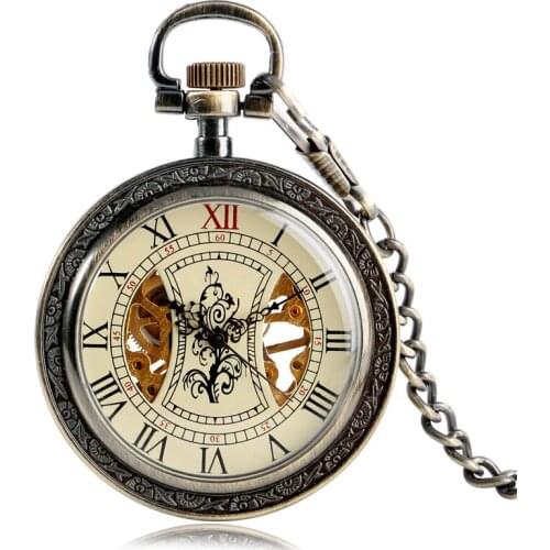 Steampunk Roman Numbers Mechanical Bronze Pocket Watch Simple Skeleton Tree Pattern Exquisite Hand Winding Man Women Presents