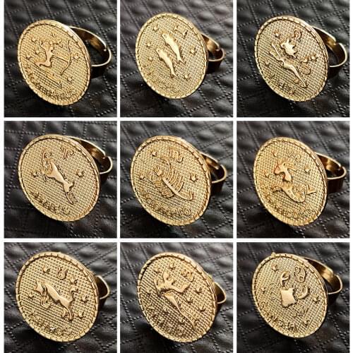 Flatfoosie Trendy Constellations Ring For Women Adjustable Round Carving Coin Gold Constellation Couple Rings Accessories Gifts
