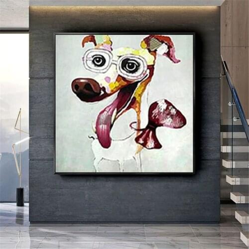 Art Hand Painted Canvas Oil Paintings Colorful Dog Modern Abstract Animal Wall Art Kids Room Decor Large Size No Framed
