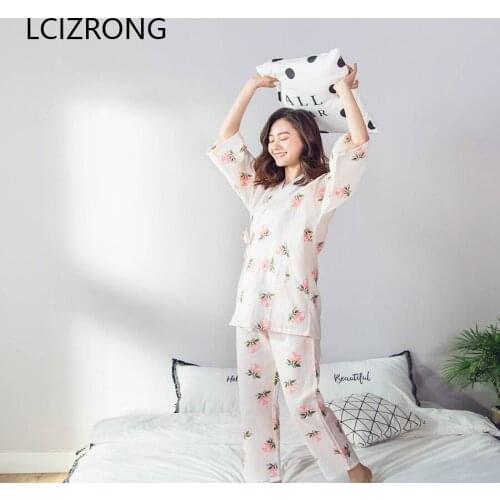 Summer Cotton Sexy Pajama Set Women Spring Floral Harajuku Home Sleepwear Half Sleeve Cardigan Long Pant Nightgown Female