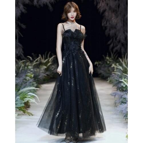 Fashion New black Evening Dress Banquet Elegant Bride Sequins Appliques Long Prom Formal Gowns Special Occasion Dresses