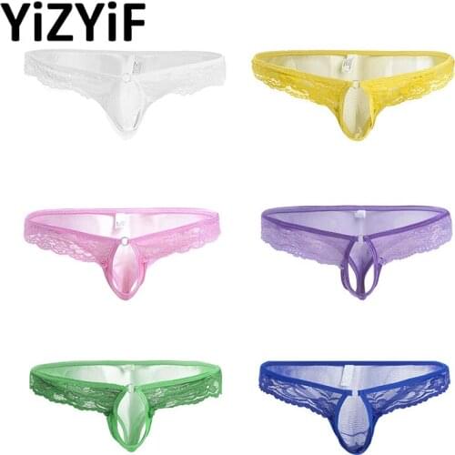Men Sexy Lingerie Lace Mesh Briefs Male Hollow Out Low Rise Bikini See Through G-string Underwear Underpants with Penis Hole