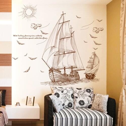 Sailboat Wall Decal Cartoon Pirate Ship Wall Stickers PVC Removable Art Mural Wall Sticker DIY Living Room Bedroom Home Decor