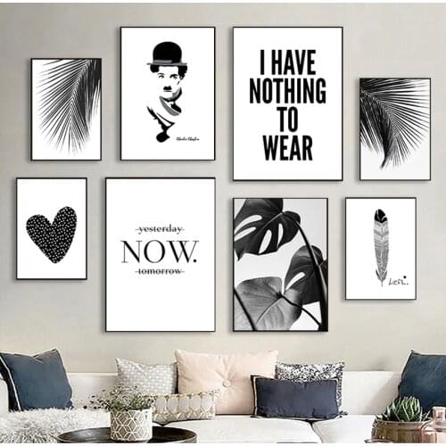 Prints Wall Art Poster For Living Room Modular Canvas Painting Home Decor Nordic Black White Heart Palm Leaf Feather Pictures