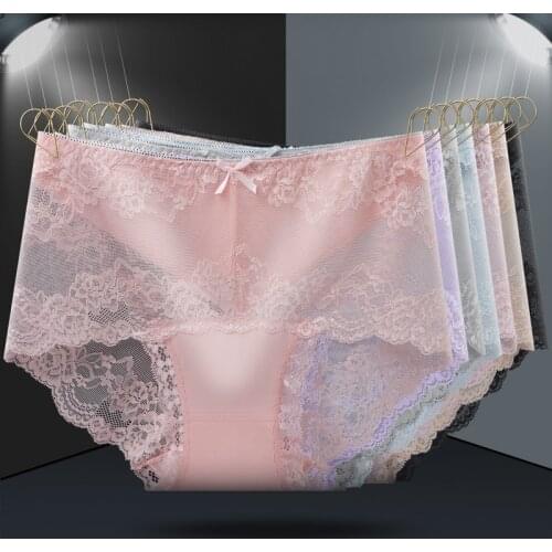 New Mid-Waist Underwear for Women Sexy Lace Cutout Hip Lift Comfort Breifs Cotton Antibacterial Crotch plus Size