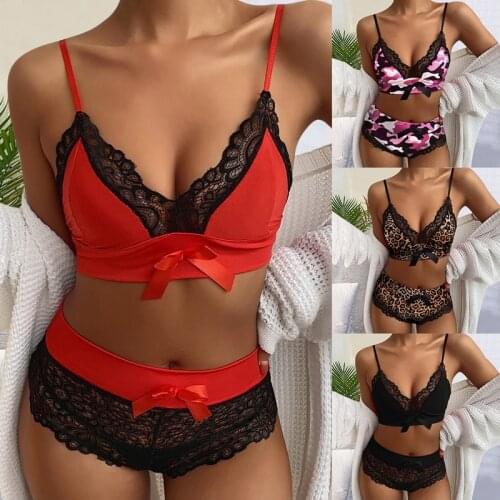 2021 New Fashion Women Print Pajamas Set Bowknot Decoration Lace Trim Lingerie Set Women Homewear 2 Pieces Set