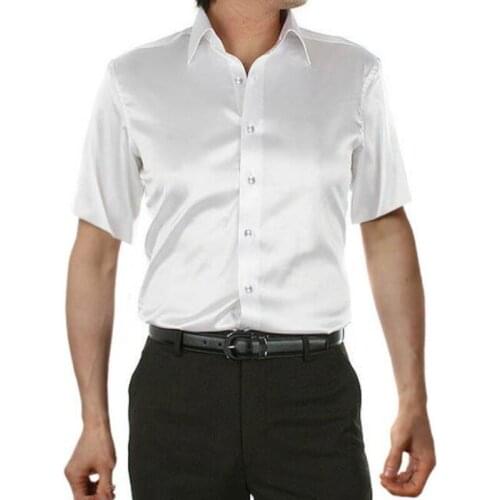 New Short Sleeve Tee Shirt Mens Casual Blouse Pure Color Silk Satin Gloss Shirt Loose Tops Spring Summer Casual Handsome Men