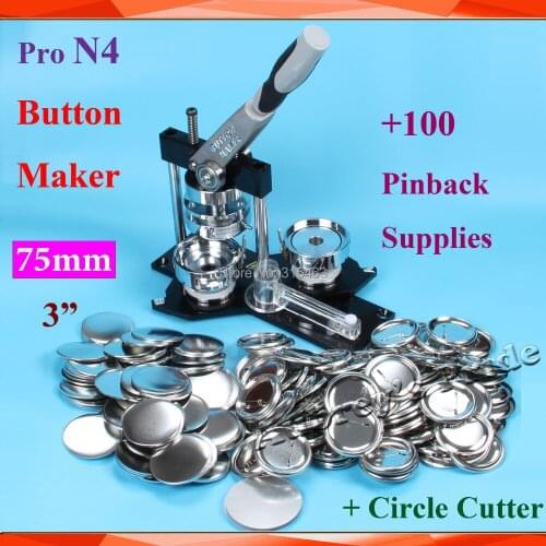 NEW Professional N4 3":75mm Badge Button Maker Machine + Plastice Adjustable Circle Cutter+100 Set Metal Pinback Button Supply