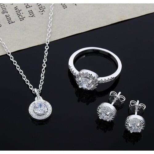 Cute Solid Christmas gift noble silver fashion elegant women shiny crystal CZ necklace earring ring color jewelry Set CS01