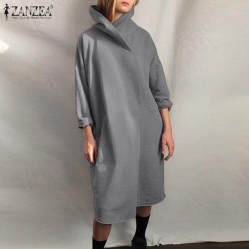 ZANZEA Women Midi Dress 2021 Fashion Ladies Turtleneck Vestidos Autumn Irregular Sundress Casual Solid Robe Femme