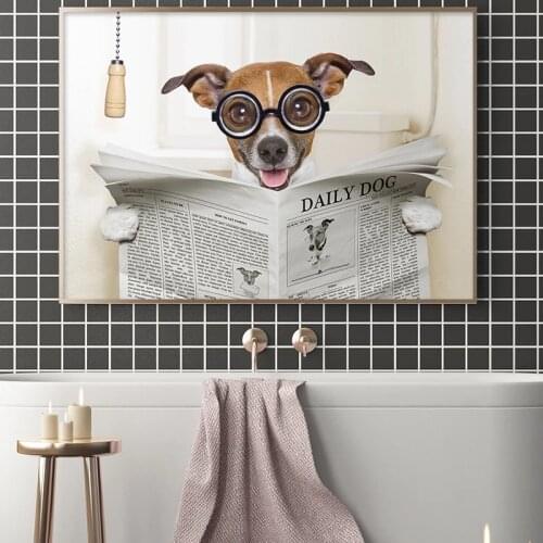 Animal Dog Reading Newspaper Toilet Wall Art Deco Poster Print Barber Shop Funny Dog ​​mural Home Bathroom Canvas Painting