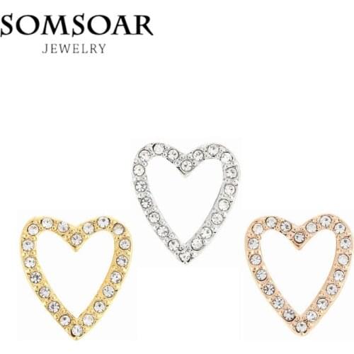 Somsoar Jewelry Pave heart with Full Crystal Charm fit Leather wrappable Bracelet 10pcs/lot