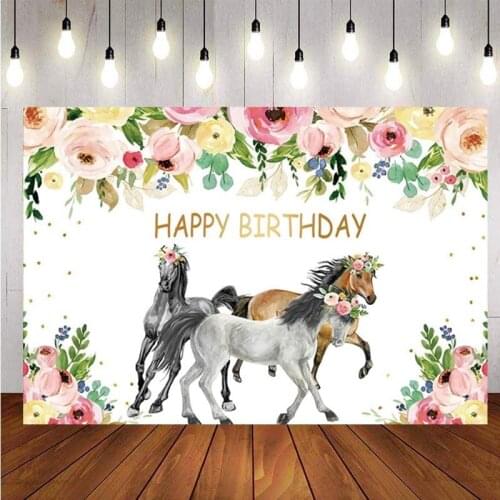 Horse Theme Photography Backdrop Girls Birthday Party Watercolor Flowers Point Background Photo Studio Decor Banner Prop