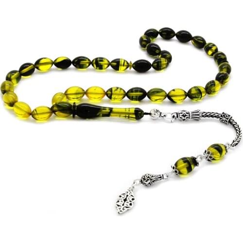 Tesbihane 925 Sterling Silver Tassels Barley Cut Filtering Yellow-Black Fire Amber Prayer Beads