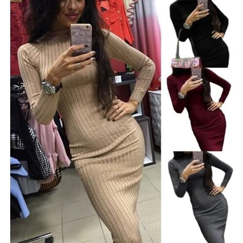 Knitted Dress Sexy Long Sleeve Autumn Casual Stretchy Elastic Elegant O-Neck Women Solid Dresses Bodycon For Lady