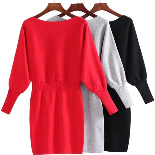 Knitted waist autumn and winter models womens new bat sleeves sweater Slim solid color package hip dress