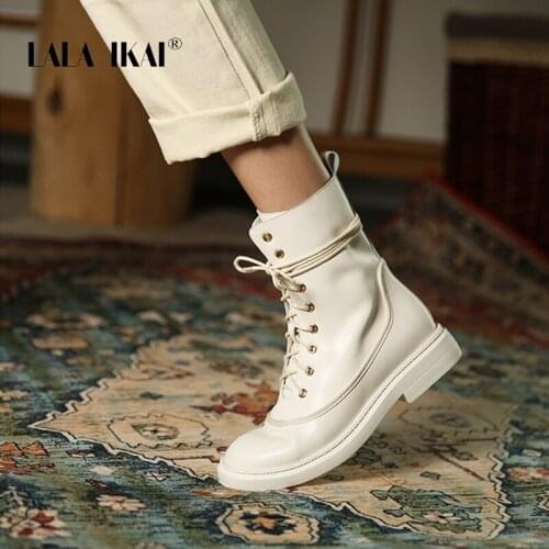 LALA IKAI Women Retro Mid Ankle Boots Lace-up Thick Heel Motorcycle Riding Boots Autumn Winter Female Fashion ANN 2020 WA30745-4