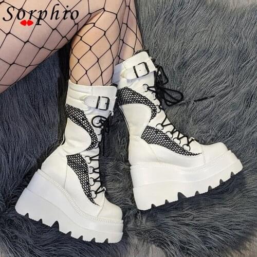 Female Boots Med Calf Womens Shoes Goth Gothic Fashion Brand New Arrival Lace Up Platform Wedges Metal Deisgn Black Autumn 2021