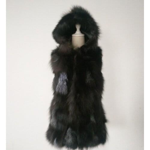 Real natural genuine fox fur vest with hood women fashion sliver fox fur gilet jackets ladies over coat outwear