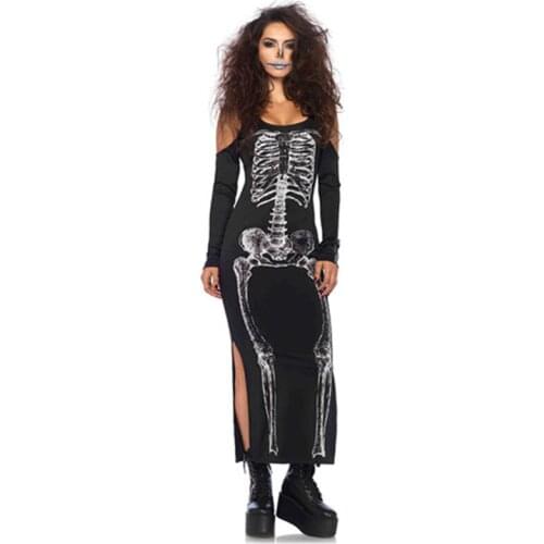 Women Night Club Skeleton Dress Punk Sexy Skull Vestido Shoulder Cut Out Skeleton Halloween Cosplay Costume Long T Shirt Dress